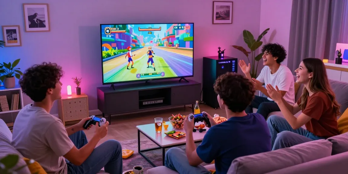 Group of friends enjoying interactive hentaigames in a vibrant gaming setting.