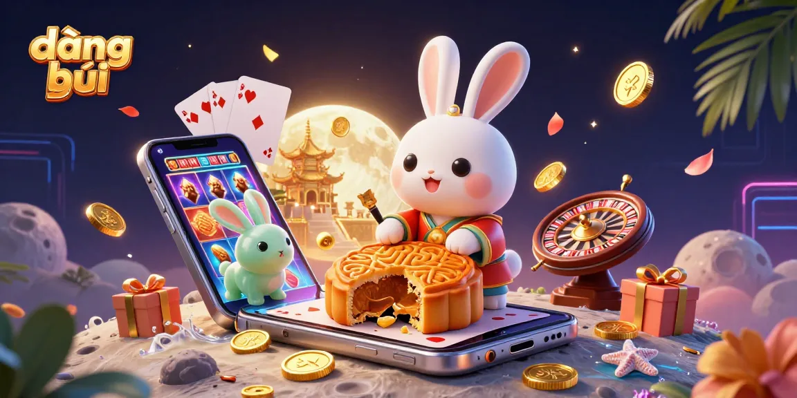 Engage in đăng ký at BJ88 with a vibrant 3D scene showcasing a moon rabbit, poker chips, and casino elements.