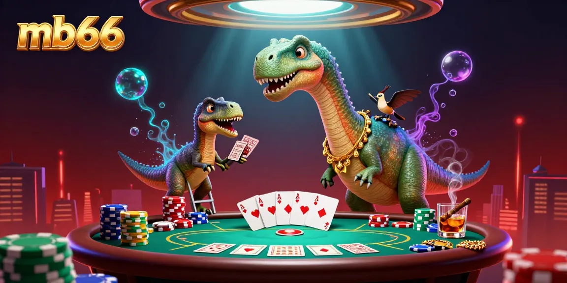 Experience dynamic casino action with mb66 as a brontosaurus looks down on a thrilling poker table scene.