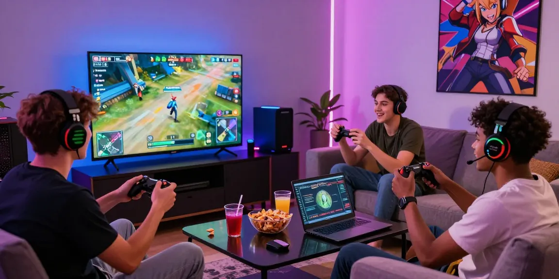 Friends enjoying nsfw games in a lively living room with gaming gear and snacks.