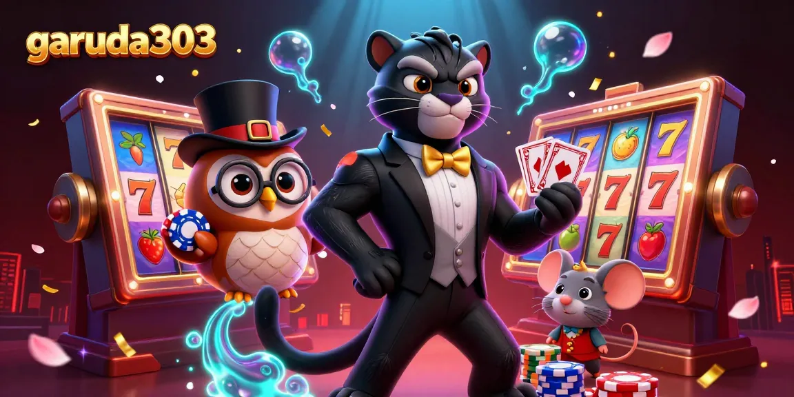 Experience thrilling spins with garuda303 as a stylish panther deals cards amid vibrant casino elements.