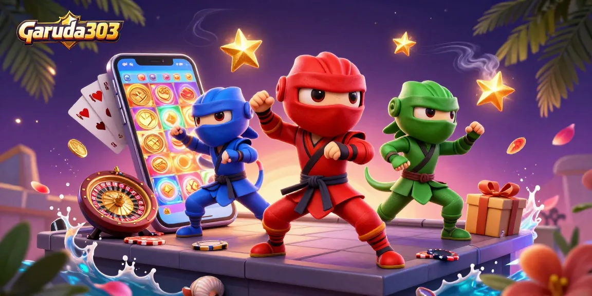 Experience thrilling slot wins with garuda303 and vibrant ninja chameleons amidst dynamic casino elements.