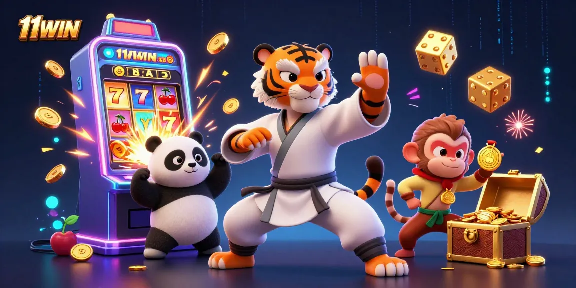 Experience thrilling gameplay at 11WIN with a vibrant 3D illustration of casino characters and slot machines.