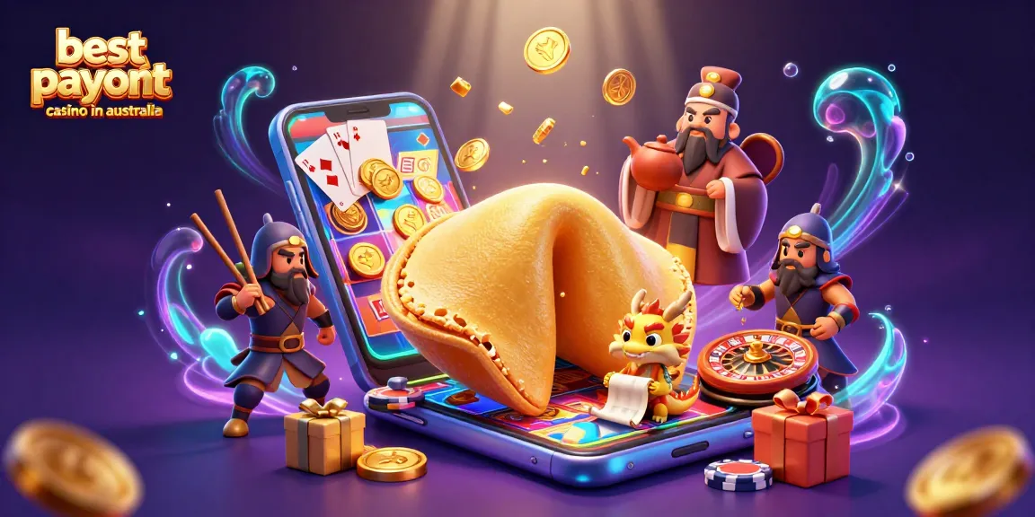 Winning at the best payout casino in Australia illustrated with a dynamic 3D scene featuring a fortune cookie and casino elements.