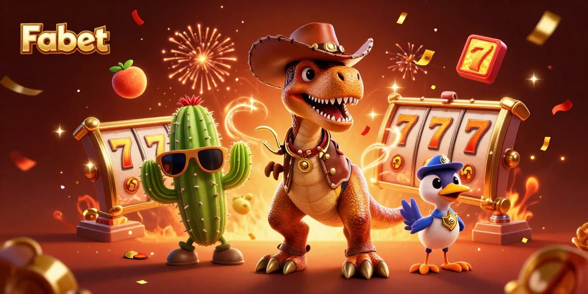 Fabet players spin big wins with a cowboy dinosaur, exciting slots, and festive casino elements!