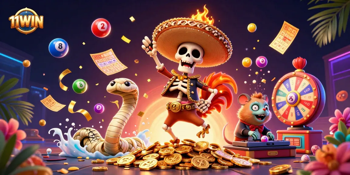 Win exciting rewards with 11WIN in this vibrant 3D casino scene featuring dynamic lottery elements.