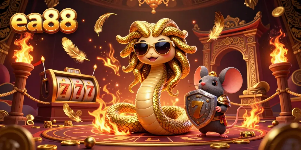 Spin and win with vibrant casino elements featuring ea88 in a lively scene with Medusa and a warrior mouse.