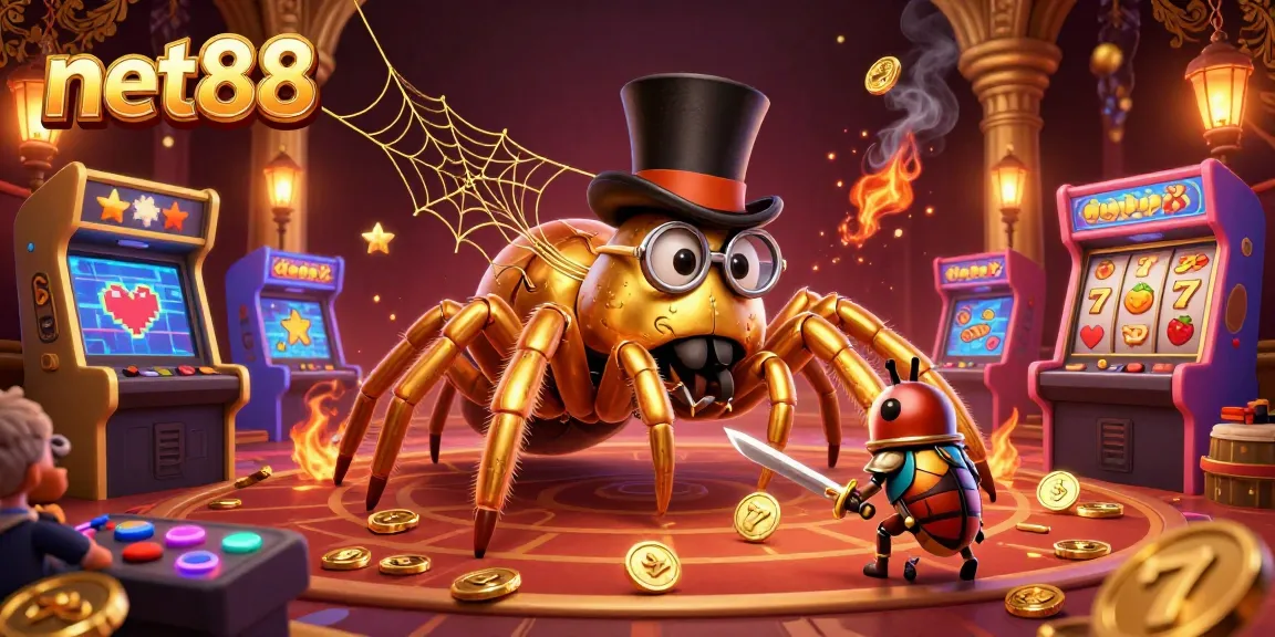 Engage with the vibrant net88 casino world featuring an adventurous beetle knight and a golden tarantula woven among gaming wonders.