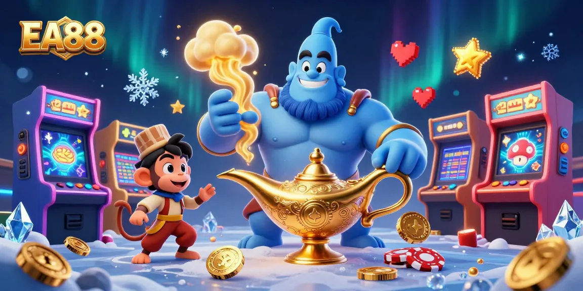 Engage with EA88 in this vibrant casino scene featuring a genie, monkey, and magic carpet.