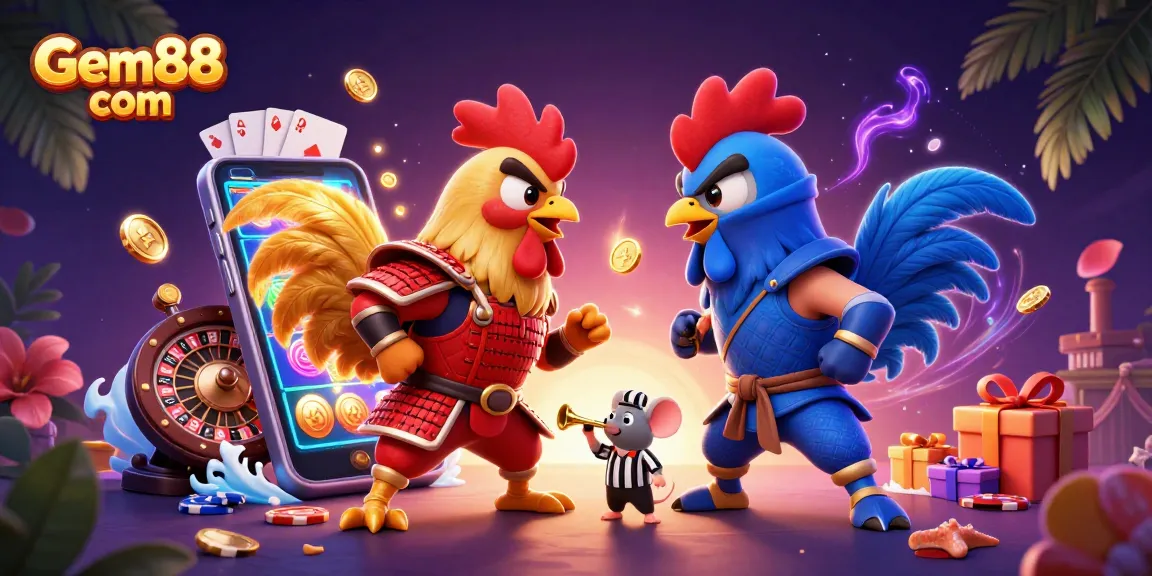 Watch intense roosters compete in Gem88 com's engaging gambling experience with dynamic action elements.