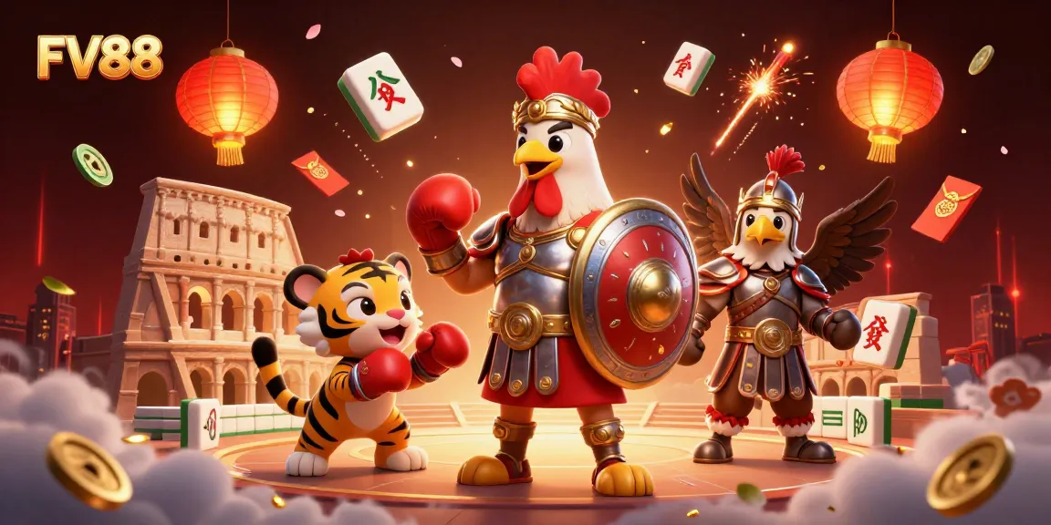 FV88 brings excitement to the arena with characters and festive symbols highlighting online gaming.