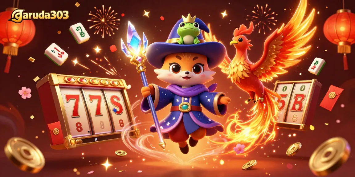 Experience the winning magic of garuda303 with a vibrant casino-themed 3D illustration showcasing slot elements and mystical characters.