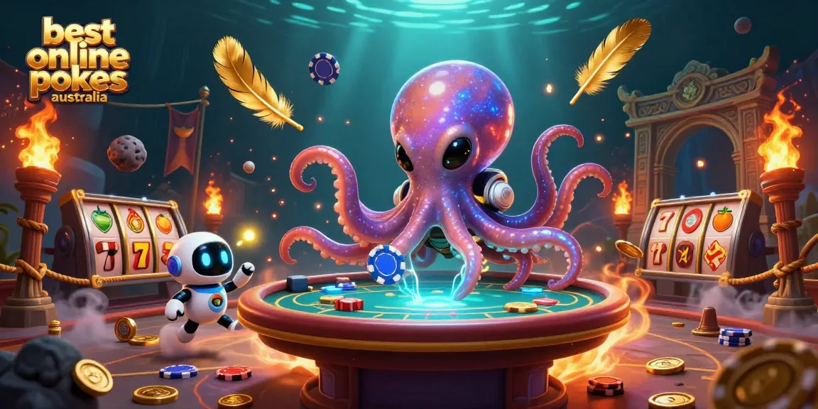Play the best online pokies Australia featuring a cartoon alien octopus with poker elements.