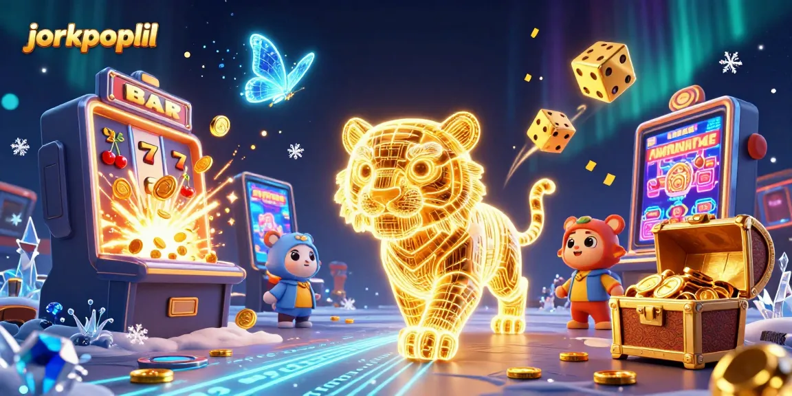 Spin the reels with jorkpoplil, featuring a neon-wireframe golden tiger amidst a dynamic casino scene.